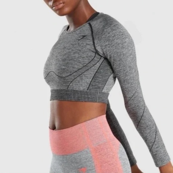 Gymshark hyper-amplify seamless long sleeve crop top in black marl size L - Picture 6 of 11